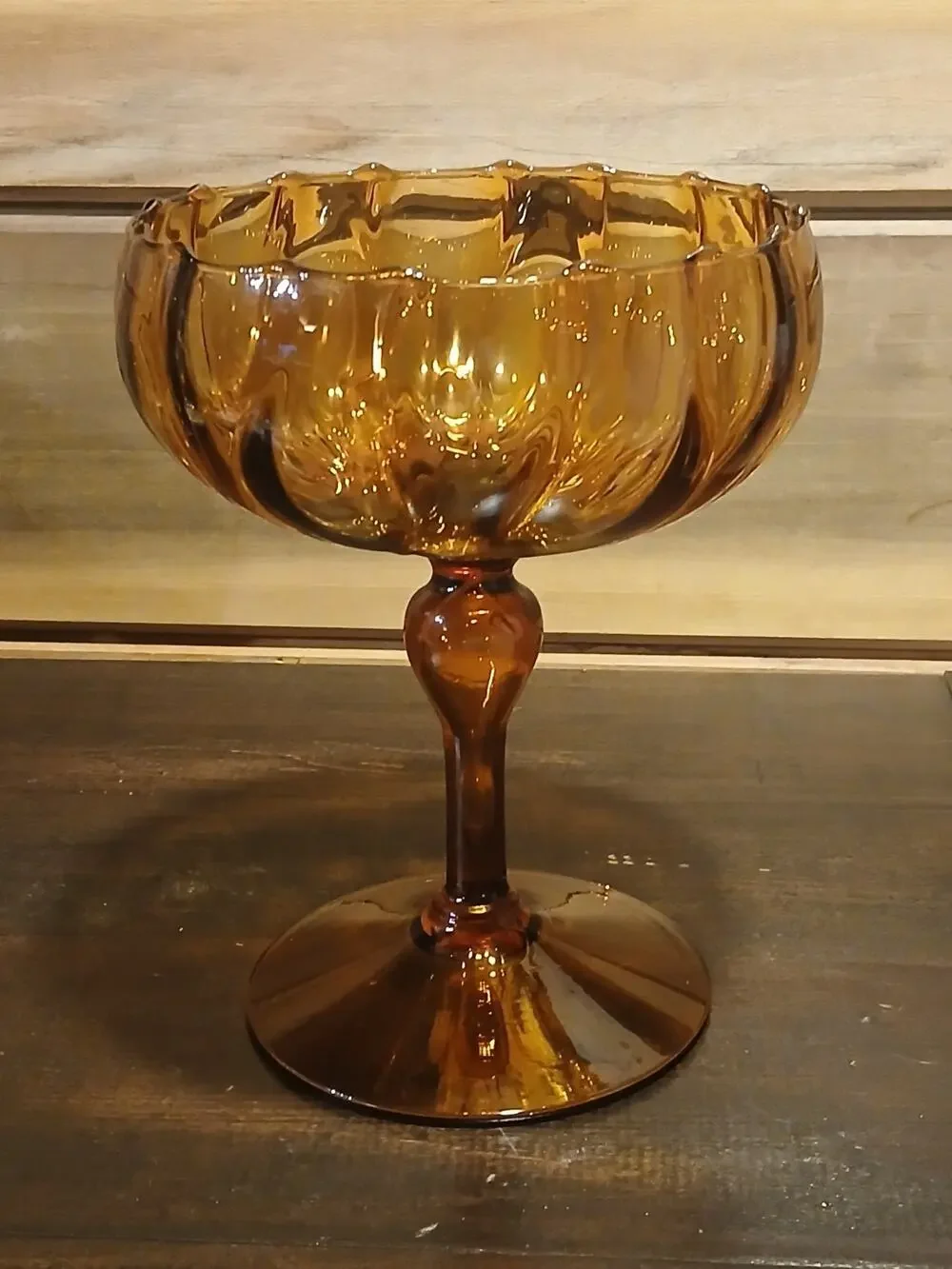 VTG Italian Empoli Amber Optic Glass Compote MCM Hand-Blown, Polished Pontil
